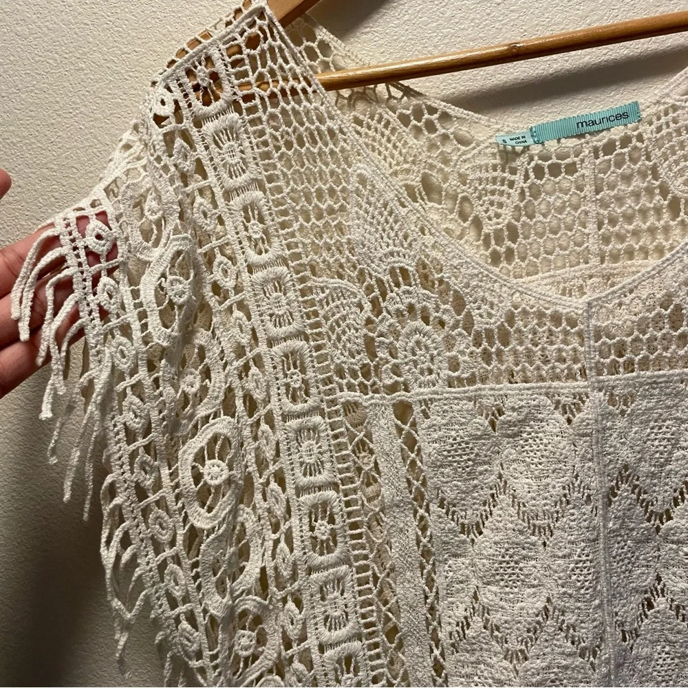 Mauricies Womens Sheer Crochet Lace Blouse Fridge White Floral Top Size S